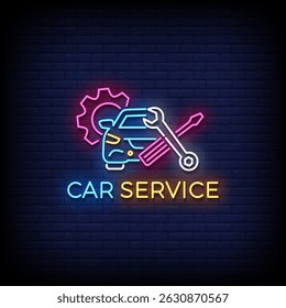 car service neon sign with brick wall background vector