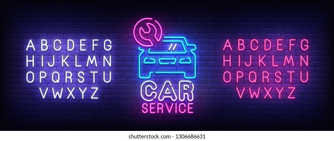 Car Service neon sign, bright signboard, light banner. Car Service logo, emblem and label. Neon sign creator. Neon text edit