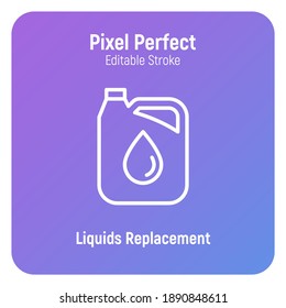 Car service: oil replacement, oil canister thin line icon. Pixel perfect, editable stroke. Modern vector illustration.
