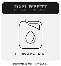 Car service: oil replacement, oil canister thin line icon. Pixel perfect, editable stroke. Modern vector illustration.