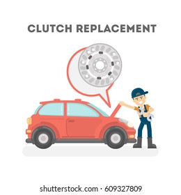 Car service on white background. Clutch replacement.
