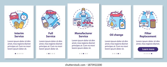 Car service onboarding mobile app page screen with concepts. Interim checkup, oil change, filter replacement walkthrough 5 steps graphic instructions. UI vector template with RGB color illustrations