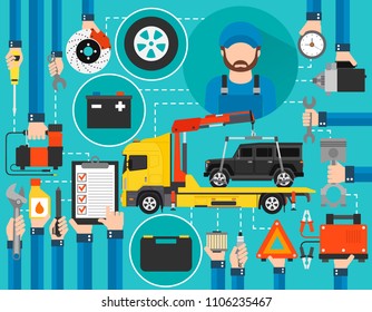 Car service online call flat design with wrecker car and mechanic isolated vector illustration