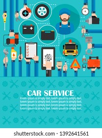 Car service online call flat design with wrecker and mechanic isolated vector illustration.lorem ipsum is simply text