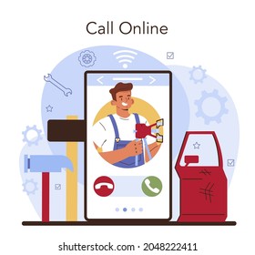 Car service online service or platform. Automobile got fixed in garage. Mechanic in uniform check a vehicle. Online call. Flat vector illustration.