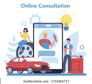 Car service online service or platform. Online consultation with professional. Idea of auto repair and diagnostic. Isolated flat vector illustration