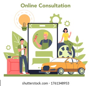 Car service online service or platform. Online consultation with professional. Idea of auto repair and diagnostic. Isolated flat vector illustration