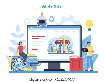 Car service online service or platform. People repair car using professional tool website. Idea of auto repair and diagnostic. Isolated flat vector illustration