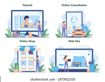 Car service online service or platform set. People repair car using professional tool. Idea of auto repair and diagnostic. Online shop, tutorial, consultation, website. Flat vector illustration