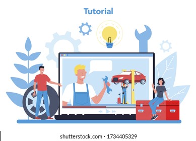 Car service online service or platform. Online video tutorial. Idea of auto repair and diagnostic. Isolated flat vector illustration