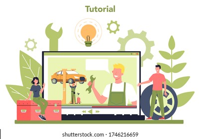 Car service online service or platform. Online video tutorial. Idea of auto repair and diagnostic. Isolated flat vector illustration