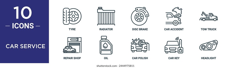 car service outline icon set includes thin line tyre, radiator, disc brake, car accident, tow truck, repair shop, oil icons for report, presentation, diagram, web design