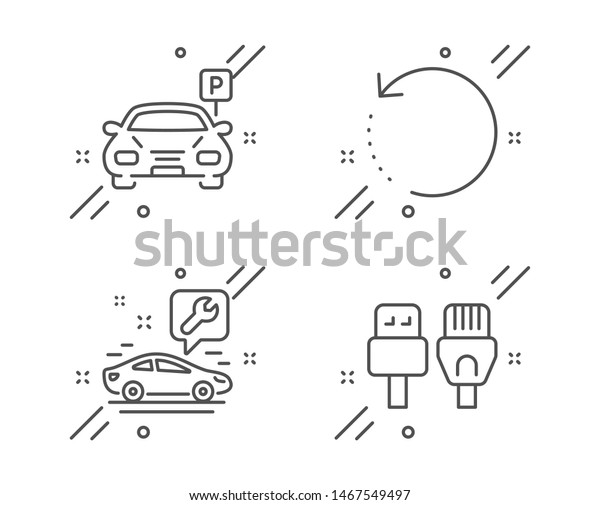 Car\
service, Parking and Recovery data line icons set. Computer cables\
sign. Repair service, Car park, Backup info. Rj45 internet.\
Technology set. Line car service outline icon.\
Vector