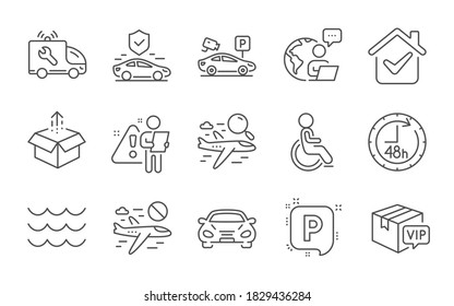 Car service, Parking and Send box line icons set. Disabled, Cancel flight and Search flight signs. Waves, 48 hours and Car symbols. Transport insurance, Parking security and Vip parcel. Vector