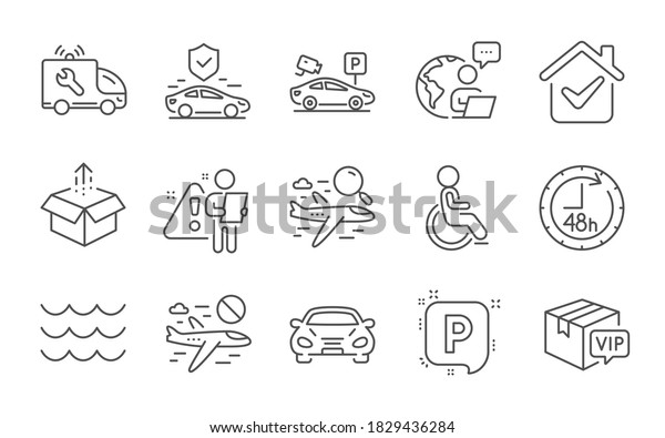 Car service, Parking and Send box line icons set.\
Disabled, Cancel flight and Search flight signs. Waves, 48 hours\
and Car symbols. Transport insurance, Parking security and Vip\
parcel. Vector