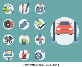 Car service parts flat vector illustration auto mechanic repair of machines and automobile equipment