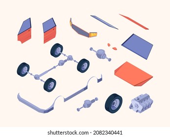 Car Service Parts. Isometric Vehicle Details Turbo Engine Gears Wheel Tears Filters Muffler Filters Garish Vector Illustrations 3d Set