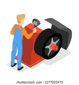 Car service. People repair and inflate tire. Mechanic in uniform fix. Automobile diagnostic in workshop. Isolated vector isometric illustration