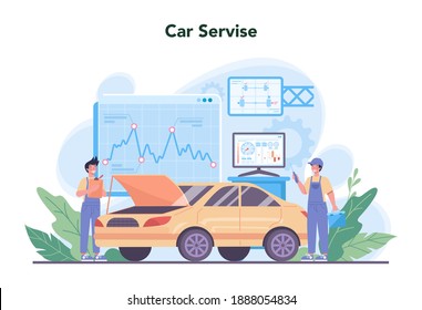 Car service. People repair car using professional tool. Idea of auto repair and diagnostic. Wheel and oil icon, engine and fuel. Isolated flat vector illustration