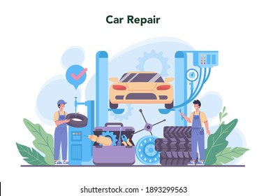 Car service. People repair car using professional tool. Idea of auto repair and diagnostic. Wheel and oil icon, engine and fuel. Isolated flat vector illustration