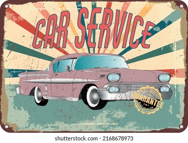 car service. pink vintage american car on vintage shabby background. vector illustration