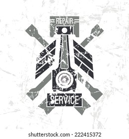 Car service piston emblem in retro style. Graphic design for t-shirt. Color print on white background