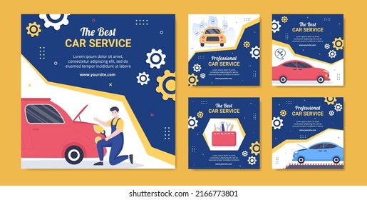 Car Service Post Template Social Media Flat Cartoon Background Vector Illustration