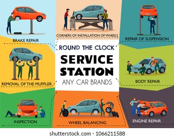 Car service poster with service station symbols flat isolated vector illustration