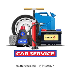 Car Service poster. Car wheel, canister, battery, pump on a white background. Vector realistic illustration