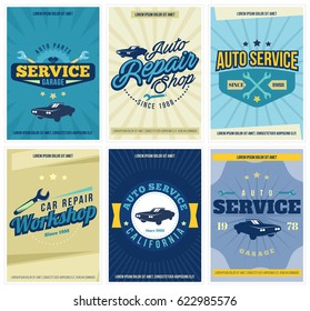 Car Service  posters set. Retro vintage automotive service and restoration layout templates. Logo design. Isolated. Vector 