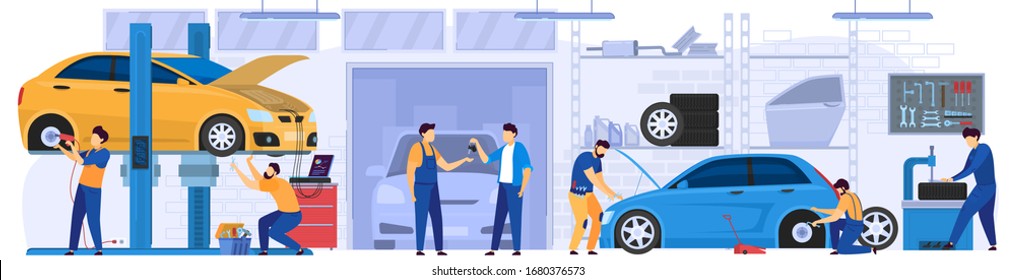 Car service, professional maintenance and diagnostic, vector illustration. Mechanic in work uniform, men cartoon characters repairing cars in garage workshop. Automobile service center, people at job