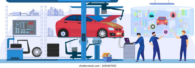 Car service, professional maintenance and diagnostic, people using modern technologies, vector illustration. Mechanic in work uniform, men cartoon characters repairing car in garage workshop center