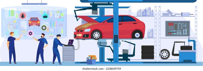 Car service, professional maintenance and diagnostic, people using modern technologies, vector illustration