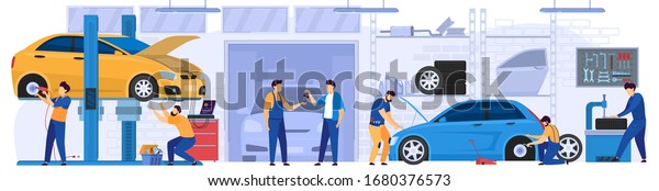 Car service, professional maintenance and\
diagnostic, vector illustration. Mechanic in work uniform, men\
cartoon characters repairing cars in garage workshop. Automobile\
service center, people at\
job