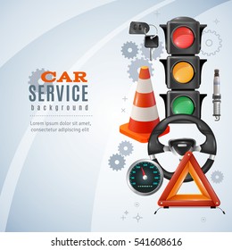 Car service realistic background with traffic lights and steering wheel vector illustration 