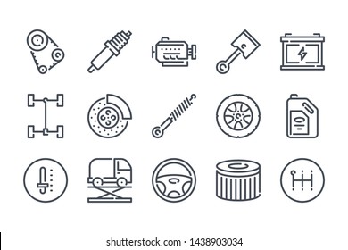 Conjunto de iconos de línea relacionados con el servicio de Camión. Iconos lineales de reparación e inspección de Camiones. Las piezas de camión esbozan los signos vectoriales y la colección de símbolos.