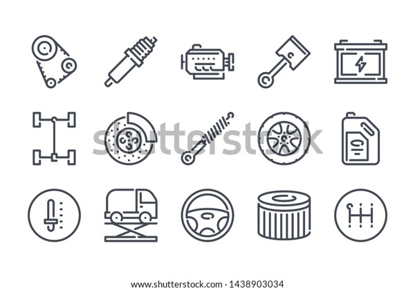 Car service related line icon set. Car repair
and inspection linear icons. car parts outline vector signs and
symbols collection.