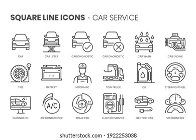 Car service related, pixel perfect, editable stroke, up scalable square line vector icon set. 