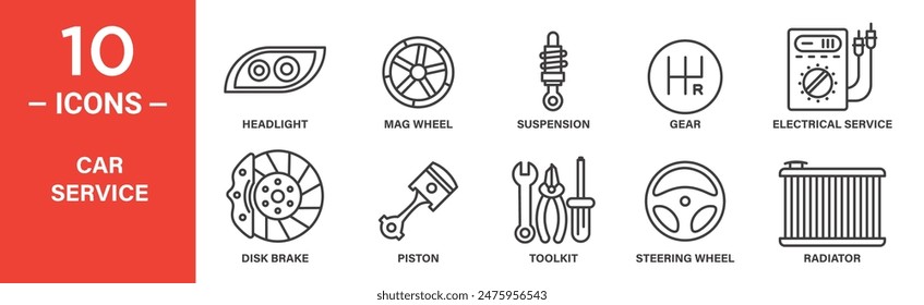 Car service related vector icon set includes headlight, mag wheel, suspension, gear, electrical service, disk brake, piston, toolkit, steering wheel, radiator, and more icons