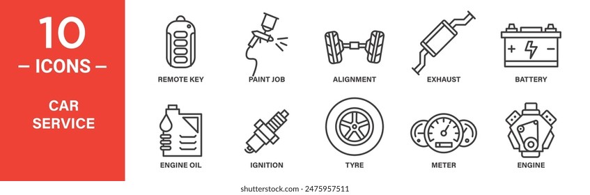 Car service related vector icon set includes headlight, mag wheel, suspension, gear, electrical service, disk brake, piston, toolkit, steering wheel, radiator, and more icons