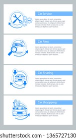 Car Service, Rent, Sharing, Shopping. Flat Banner. Set of Landing Page Section. Simple Line Tech Round Icon with Vehicle Station, Money, Spanner, Equipment, Professional Diagnostics, Mechanic Repair.