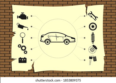 Car service, repair announcement, diagnostics and tire fitting - set of icons for repair around the car. Car and tools, instruments, with machine parts. Announcement sheet hanging on a brick wall