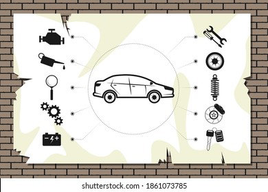 Car service, repair announcement, diagnostics and tire fitting - set of icons for repair around the car. Car and tools, instruments, with machine parts. Announcement sheet hanging on a brick wall