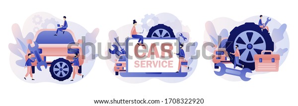 Car\
service and repair. Auto service concept. Tiny Repairman, Mechanics\
characters in uniform with tools and tire. Modern flat cartoon\
style. Vector illustration on white\
background