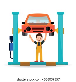 Car service and repair, Auto mechanic near the car lifted on autolifts isolated on white, flat design Vector illustration.