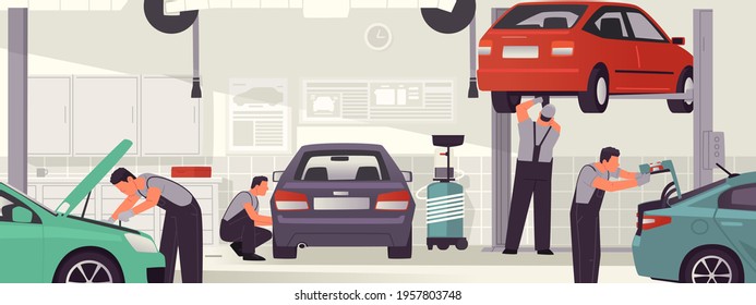 Car service and repair. Auto workshop interior, mechanics men service vehicles. Vector illustration in flat style