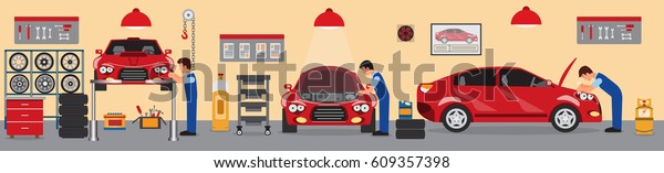 Car service and repair building or garage.Flat car\
repair shop.