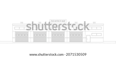 Car service and repair building. Industrial architecture. Sketch. Flat vector illustration.