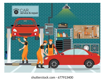 Car service and repair center or garage with worker, exterior building with the various departments, vector illustration..