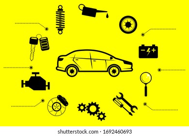 Car service, repair, diagnostics and tire fitting - set of icons for repair around the car. On the background of the car and tools, instruments, with machine parts in black on a yellow background